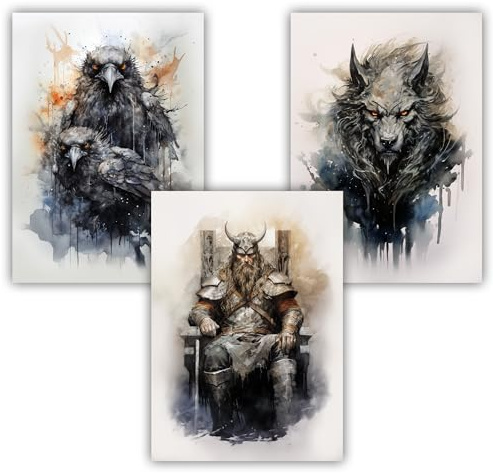 Samunshi® 3x Kunstdruck Poster Wikinger Set Odin Raben Wolf für Jugendzimmer Man Cave Vikings Norse Art Hugin und Munin Fenrir DIN A4 21x29,7cm