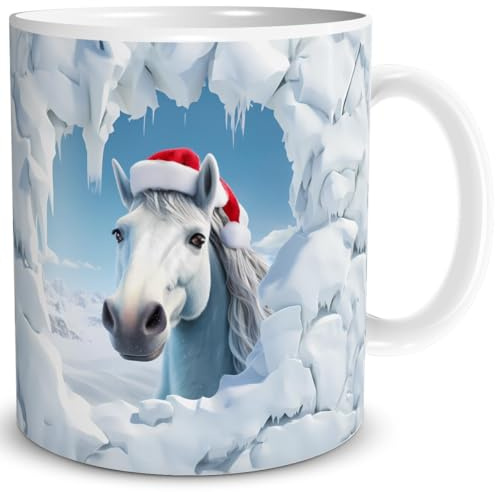 TRIOSK Weihnachtstasse 3D Illusion Pferd mit Weihnachtsmotiv Becher-Durchbruch - Lustige Geschenkidee für Reiter, Pferdeliebhaber, Frauen & Mädchen - Keramik-Tasse 300 ml