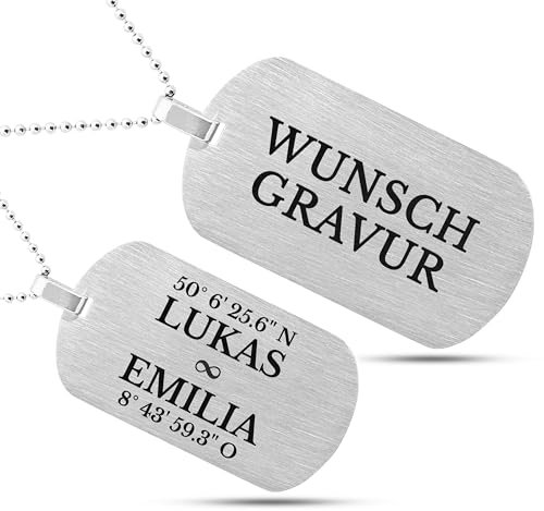 Mister Boncuk® MiliChain Premium Dog Tag kette aus Edelstahl - Herren Halskette mit Gravur - Militär kette Personalisiert - Kette mit Namen (Waagerecht - Silber Matt Gebürstet)