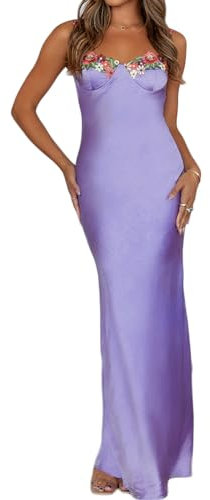 Vestido largo sexi de satén con tirantes delgados para mujer, bordado floral, escote corazón, espalda descubierta, sin mangas, con abertura, Lila, Large
