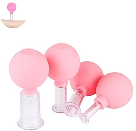 Juego de terapia de ventosas de 4,ventosa de masaje facial, ventosa de plástico para fisioterapia con bola de silicona, adecuada para hombros y cabeza para combatir la edad y relajar los músculos rosa