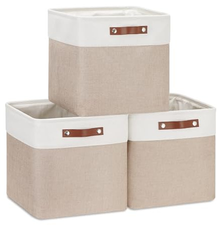 VIIHTYISA Aufbewahrungsbox Stoff, 3er Set Cube 33x33x33cm Aufbewahrungsboxen mit Griff aus Leder-Imitat für Würfelregal, Regale, Kleiderschrank | Khaki&Weiß