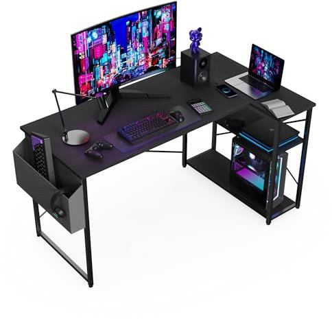 BEXEVUE L Shaped Gaming Desk, 100x70 cm Computer Desk with Storage Bag, Office Desk Small Writing Table with Large Reversible Storage Shelves, Workstation for Study Play Work Home Office, Black