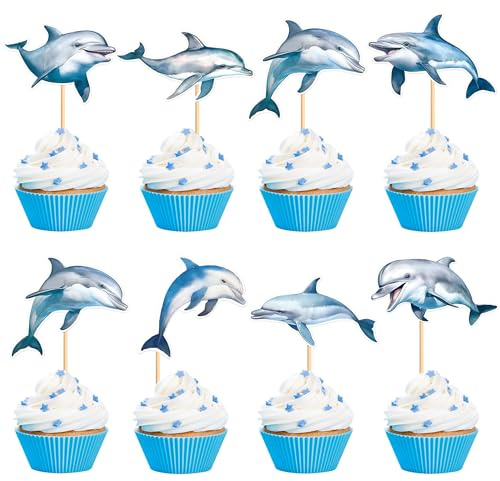 Blumomon 28 Stück Dolphin Cupcake Topper Dschungel Safari Tiere Delfin Kuchen Dekoration Tiere Figur Kuchen Topper Picks für Ozean Baby party Kindergeburtstag Party Supplie