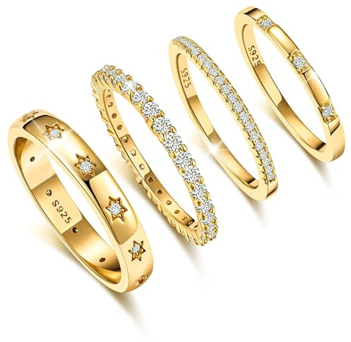KENIY 4 Stück Gold Ringe Frauen Stapelringe mit Zirkonia 14 Karat Vergoldete Ringe Set Ring Gold Damen Fingerring Daumenringe Verlobungsring Schmuck