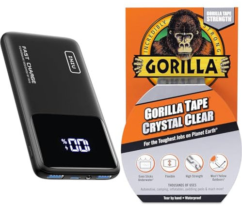 INIU Power Bank, 10000mAh Slimmest Fast Charging Portable Charger, 22.5W Battery Pack PD3.0 QC4.0 & Gorilla Tape Crystal Clear 8.2m