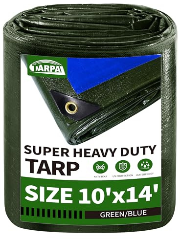 TARPAL 10x14 Tarp Heavy Duty Waterproof Tarp 16mil Thick Tarps with Metal Grommets Every 17.7 UV&Tear Resistant All-Weather Protection Cover for Firewood, Roof, Pool & Outdoor Furniture (Green/Blue)
