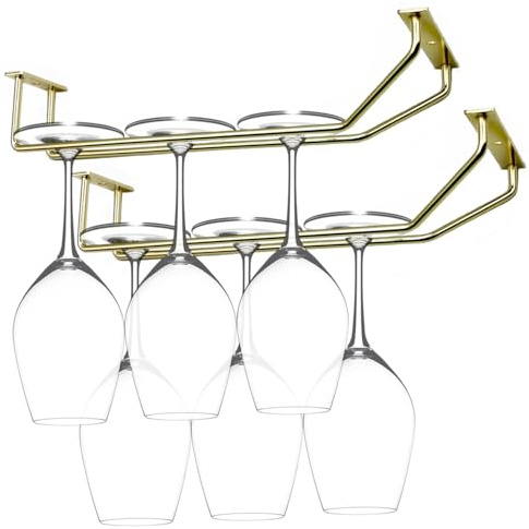 RedDreamer 10.8 Inch Gold Wine Glass Rack, Under Cabinet Wine Glass Holder Stainless Steel Stemware Rack - Hanging Stemware Holder for Cabinet Kitchen Bar, Set of 2