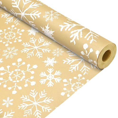 Xmas Kraft Wrapping Paper Roll with White Snowflakes,QRTDXP 43cm*12m ECO-friendly Gift Wrapping Paper for Xmas Present-snowflake