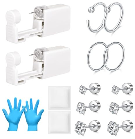 AVYRING 16G Ear Piercing Kit, Stainless Steel Tragus Conch Helix Cartilage Piercing Kit Built-in Ear Studs, Disposable Automatic and Painless Piercing Gun, At Home Self Ear Piercing Kit Tool, 16PCS