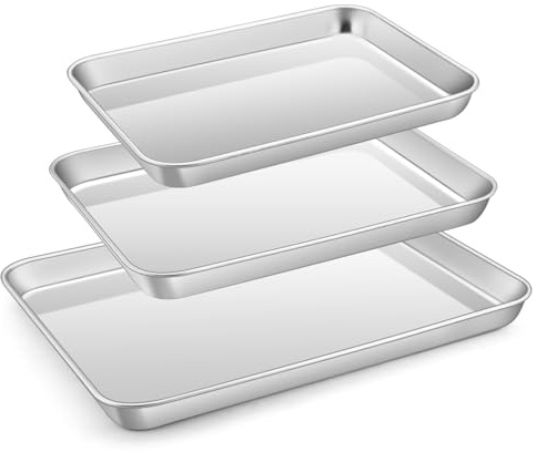 E-far Stainless Steel Baking Sheet Set of 3, 12.4”/10.5” 9.4” Cookie Sheet for Oven, Rimmed Metal Tray for Cooking Baking Bacon, Non-Toxic & Dishwasher Safe