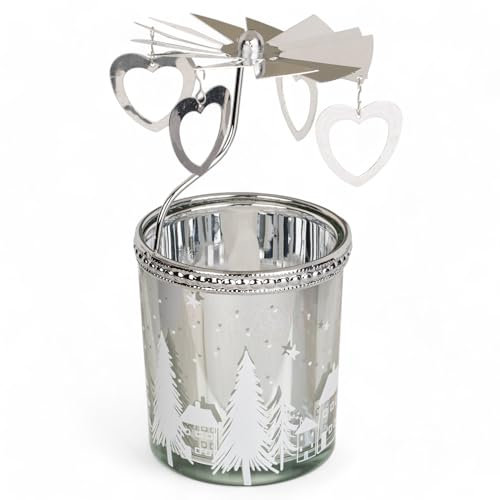 Portacandele rotante a forma di giostra natalizia, in metallo, girevole, mini piramide, 12 cm (argento, vetro votivo e cuore)