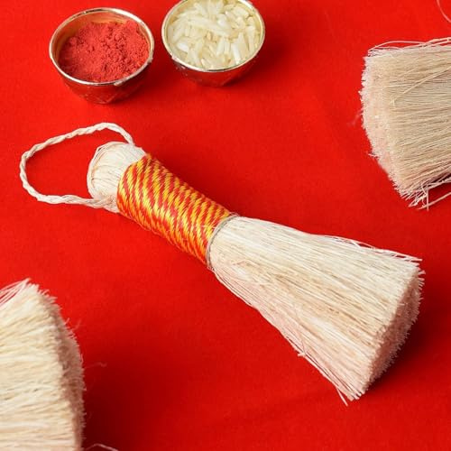 SATVIK 5 INCH Small - Om Shanthi Banana Stem Fiber Puja Broom for Mandir Cleaning, Natural Handmade Mini Broom for Puja Room, Home Temple Cleaning Tool