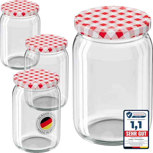 WELLGRO 12x Einmachgläser mit Schraubdeckel - 550ml - Deckel rot kariert To 82 - Made in Germany - Vorratsgläser mit Deckel, Gärglas, Dessertgläser