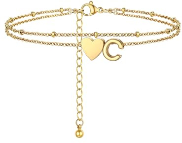 PROSTEEL Pulsera Tobillera Mujer Dorado Doble Capas con Corazón Letra Inicial A-Z Pulseras de Tobillo Acero Inoxidable Joyas de Mujer Chica para Verano Playa 22cm+5cm