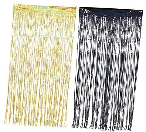 BESTYASH 2piezas Cortinas De Franjas Doradas y Negras para Decoración De Fiestas Telón De Fondo para Bodas Cumpleaños y Eventos