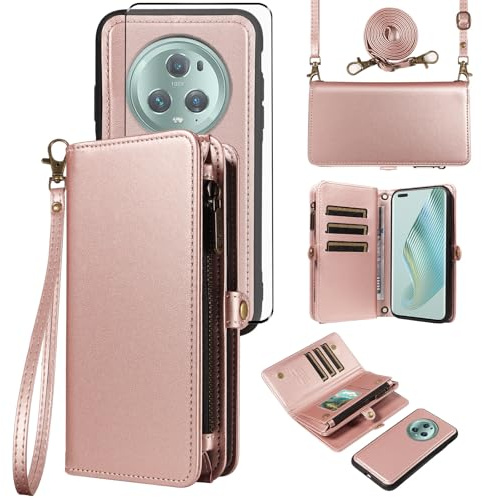 Asuwish Handyhülle für Honor Magic 5 Pro Hülle mit Band Folie Schutzfolie Kartenfach Klappbar Leder Blumen Geldbörse Ständer Huawei Magic5 5Pro 5G Wallet Handy Hüllen Schutzhülle Phone Case Schwarz