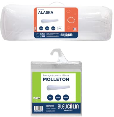 Bleu Câlin Lot Traversin Gonflant Confort Alaska 140cm, Enveloppe 100% Coton + Protège traversin polochon Molleton 70% Coton 30% Polyester