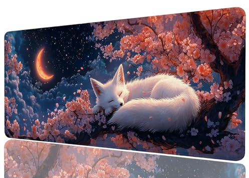 Kawaii Fox Anime Mouse Pad Cherry Blossoms Cute Moon Japanese XL Mouse Pad Large Mousepad Extended Laptop Keyboard Mat Gaming Desk Pad Mouse Mat Office Computer Keyboard Laptop Home, 31.5x11.8 Inch