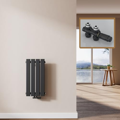 EMKE Design Heizkörper Klein, 600x304 mm Vertikal Flachheizkörper mit Mittelanschluss, Einlagig Schwarz Paneelheizkörper Wandheizkörper für Bad, Schlafzimmer & Wohnzimmer, 210W