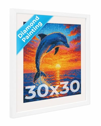 PHOTOLINI Bilderrahmen 30x30 Diamond Painting Rahmen, Weiß, Bilderrahmen für Diamond Painting 30 x 30 mit passendem Passepartout, quadratischer Rahmen mit bruchsicherem Acrylglas zum Aufhängen