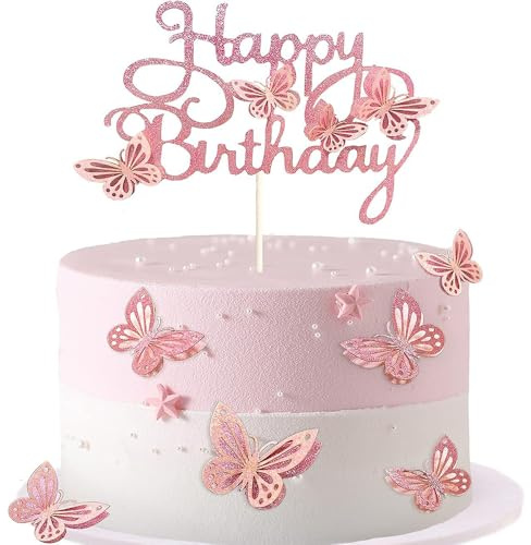 Pink Cake Decorations, Butterfly Cake Decorations, Cake Toppers Girls-HSC 13 pcs Pink Glitter happy birthday cupcake toppers, Butterfly Theme Cupcake for Girls Women Celebrations
