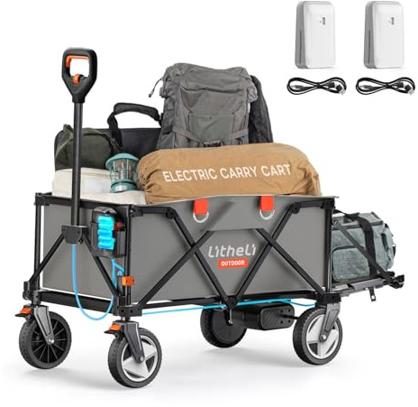 LiTHELi Carrello Elettrico Pieghevole, Carrello a Mano Pieghevole con Motore e Freni, 200L 60KG Adatto per Campeggio, Giardino, Spiaggia, Shopping (Grigio, V140i con 2 Batterie)