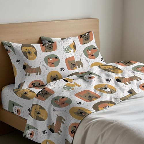 Tata Home Completo Letto Flanella Singolo Set Lenzuola Morbido Caldo Cotone Felpato Invernale Antipilling Made in Italy Dis. Cani Colore Bianco