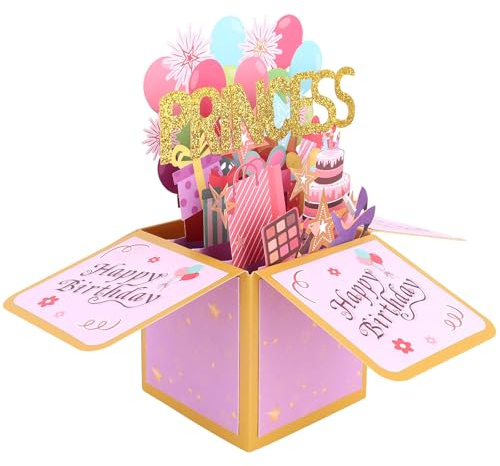 Gosknor Tarjeta Emergente de Feliz Cumpleaños para Princesa, Globos de Colores y Fuegos Artificiales Tarjeta Cumpleaños 3D con Sobre Caja Regalo Emergente Creativa para Hijas Hermanas Niñas y Amigas