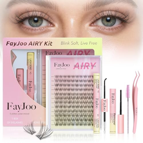 Natürlich Lockige Weiche Wimperncluster-Set mit 0,05mm Dünner Unsichtbarer Bande, C-Locke 8-16mm, DIY-Salon-Wimpernextensions mit Kleber Fixierer Entferner Pinzette, FayJoo AIRY 11 Kit