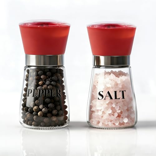 Salt and Pepper Grinder Set of 2 - Refillable Mills & Shakers with Adjustable Coarseness, Easy Clean for Kitchen, Restaurant & Outdoor (Red)