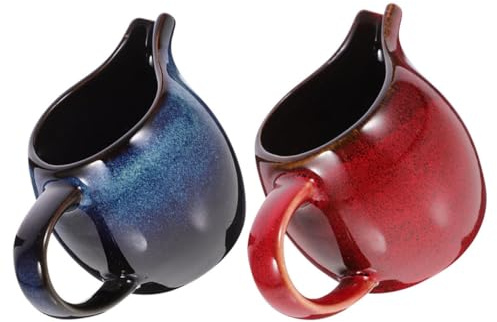 SEWACC Lot de 2 Pichets à Lait en Céramique Petit Crémier Bec Verseur Ergonomique et Poignée Pots à Crème pour Café Thé et Sauces Coloris Écaille Rouge et Bleu Œil de Chat Usage