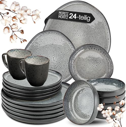 Moritz & Moritz Steingut Geschirrset 6 Personen mit Tassen - 24-teiliges Geschirr Set - Teller Set bestehend aus 6x Dinnerteller, Dessertteller, Suppenteller und Tassen - Serie Organic