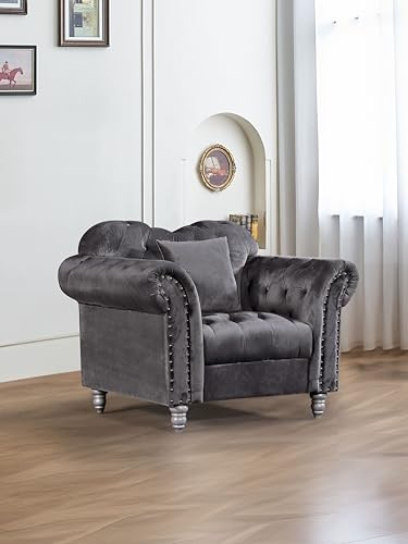 Generico Chesterfield - Sillón de terciopelo negro clásico con tachuelas decorativas y respaldo acolchado para salón (gris)