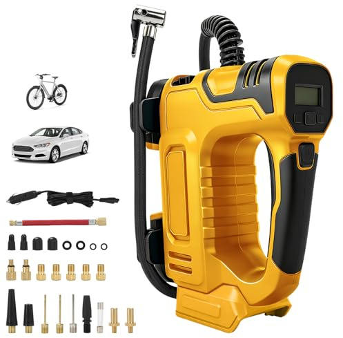 Akku Kompressor kompatibel mit Dewalt 20V Akku, Elektrische Kabellos Luftpumpe 120PSI, Reifenfüller mit LED-Licht, Automatisch Stop, Fahrradpumpe, für Auto, Motorrad, Fahrrad, Bälle (ohne Akku)