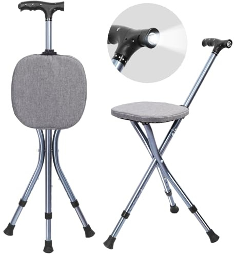 Walking Stick with Seat and Cover, Adjustable Folding Walking Cane with LED Light, Lightweight Folding Cane for Seniors, Supports up to 250 lbs (Grey)