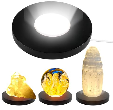 Wooden LED Light Display Base Stand 15CM, USB Round Light Display Base with 3 Light Modes, Crystal Display Base, Wood Base Light Round Light Base for Crystal Glass Resin Art Jewelry Acrylic (Black)