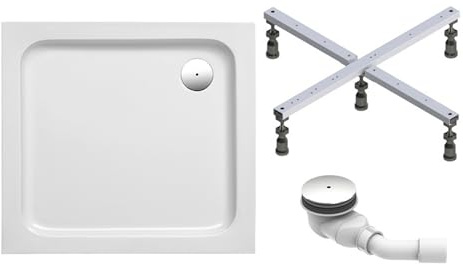 Schulte Duschwanne Cala 80x80 cm, Sanitäracryl, Fußgestell | Quadratische Duschwanne mit Fußgestell, Ab- und Überlaufgarnitur sowie pflegeleichtem, alterungsbeständigem Sanitäracryl.