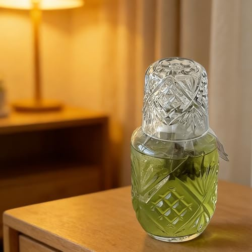 Juego de jarra de agua y vaso vintage para mesita de noche, jarra transparente de 19 onzas con juego de tazas de 5 onzas, botella de enjuague bucal y dispensador de bebidas de medianoche, cristalería