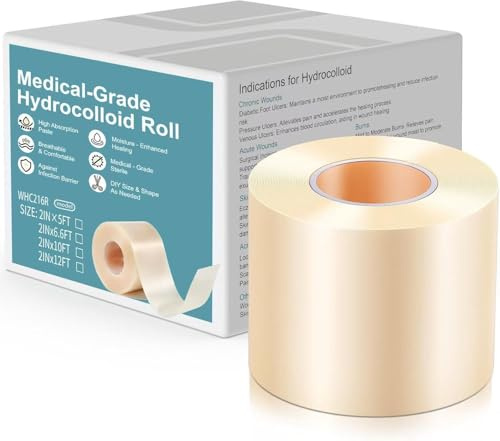 Medical-Grade Hydrocolloid Roll,Waterproof Bandages for Wound Care,Diabetic Foot Ulcers, Pressure Ulcers, Blister and Acne Care, Sterile(2INX3.3FT)