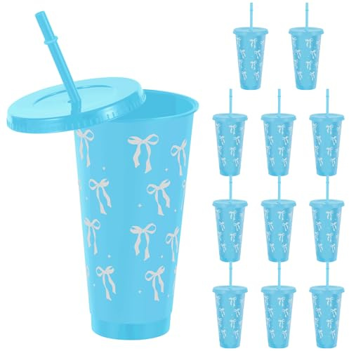 Jokapy Lot de 12 gobelets en plastique réutilisables avec couvercles et paille - 710 ml - Avec nœud mignon - Pour fête, anniversaire, mariage, voyage