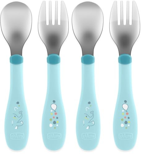 Chicco Couverts en Acier Inoxydable, Couverts Enfants, Set Bouillie, Fourchette et Cuillère pour Enfants, en Acier Inoxydable, Facile à Porter, Set Sevrage Première Bouffe, 2 Pièces, 18M+, Bleu clair