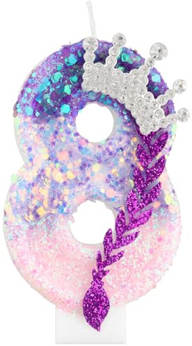 Kpop-födelsedagsljus, Lila Rosa Nummer 8-ljus för Tårta, Flickors 8:e Födelsedagsdekorationer, Glitterkrona Tårtdekorationer med Paljetter för K-pop-tema Festtillbehör, Anniversarier och Firanden