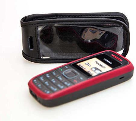 caseroxx Handy-Tasche für Nokia 1200 und 1208 aus Echtleder, Handy-Hülle mit Sichtfenster aus schmutzabweisender Klarsichtfolie und Clip