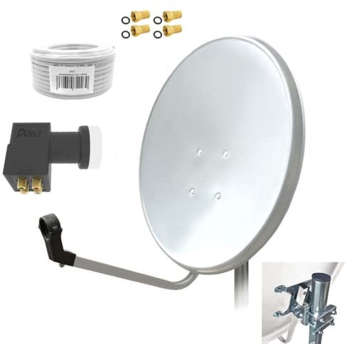 60cm HD Sat Anlage Quad LNB + Satfinder + 50m Koaxialkabel 135dB + 4 F-Stecker Digital 4 Teilnehmer Antenne Weiss UHD 4K