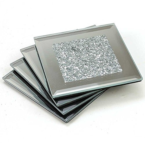 Angraves Lustre Large Silver Sparkle Glitter Mirrored Glass Coaster Set of 4