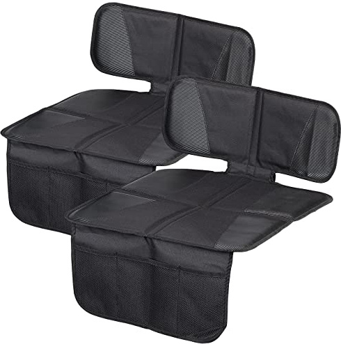 Lescars Sitzschutz Kindersitz: 2er-Set Kindersitz-Unterlage Basic, 3 Netztaschen, Isofix-geeignet (Sitzschoner, Sitzschoner, Hund)