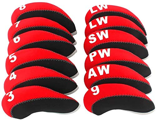 FLTRAD 12pcs/Set Iron Club Protector Golf Head Covers 3-9 AW/SW/PW/LW Elastic Reused Neoprene Material with Number Tag Protect Case for Gift