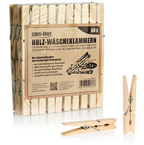 COM-FOUR® 60x mollette in legno, mollette sostenibili in legno di betulla non trattato, mollette in legno per il bucato e il fai da te (060 pezzi - betulla)