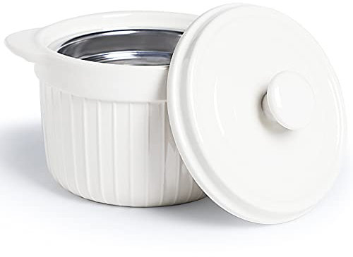 ONTUBE Ceramic Bacon Grease Container Keeper with Strainer, Frying Oil Storage Can 17oz, White